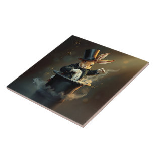 Funny Rabbit Magician Pulling Itself Out of Tophat Ceramic Tile