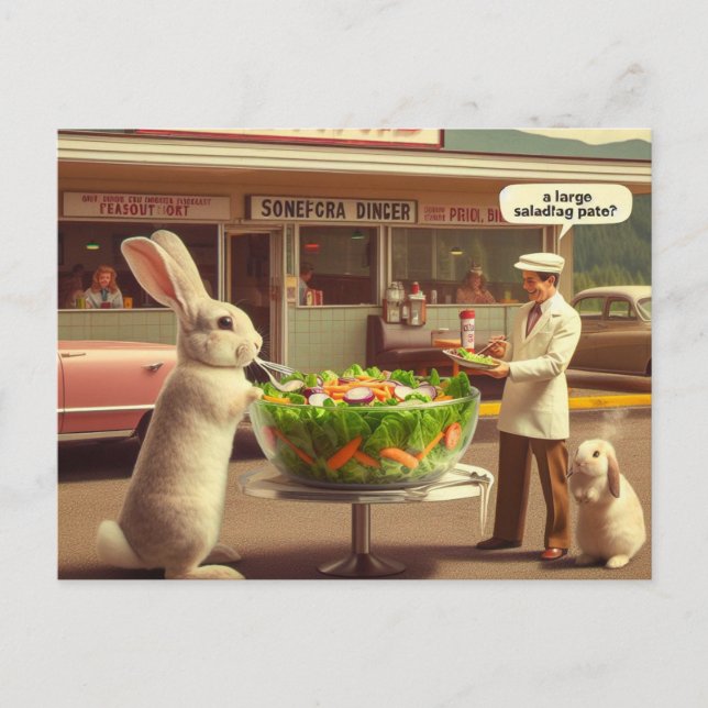 Funny Rabbit Orders Salad at a Diner AI Art Postcard (Front)
