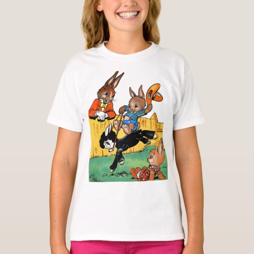 Funny Rabbit Riding A Black Dog Cartoon T_Shirt