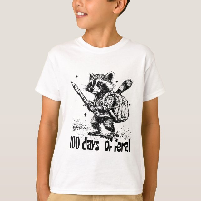 Funny Raccoon 100 Days Of Feral School Chaos T-Shirt (Front)