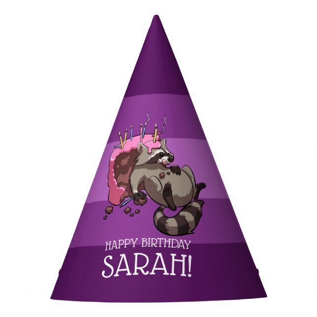 Funny Raccoon Add Your Name Happy Birthday Cartoon Party Hat (Front)