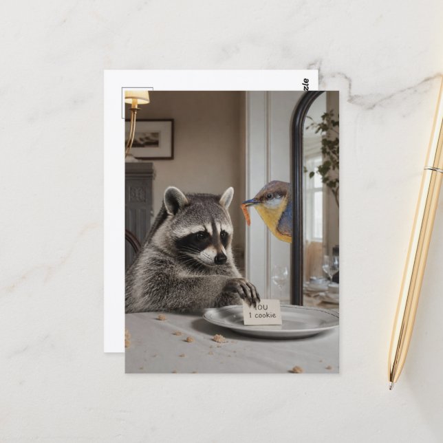 Funny Raccoon and bird IOU 1 Cookie in Dining Room Postcard (Front/Back In Situ)
