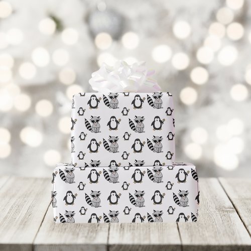 Funny Raccoon and Penguin Pattern Wrapping Paper