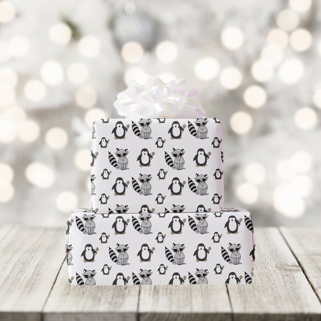 Funny Raccoon and Penguin Pattern Wrapping Paper (Creator Uploaded)