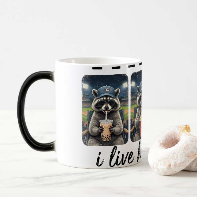 Funny Raccoon Baseball Coffee Mug – I Live Here No (With Donut)