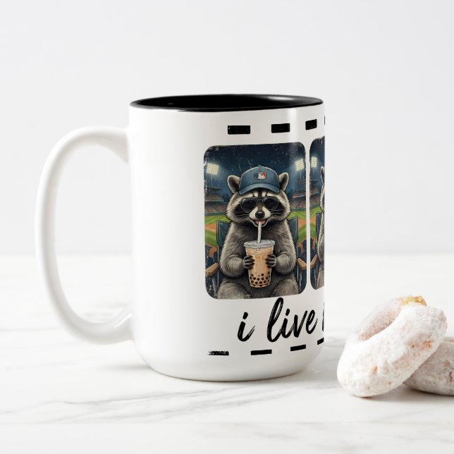 Funny Raccoon Baseball Coffee Mug – I Live Here No (With Donut)