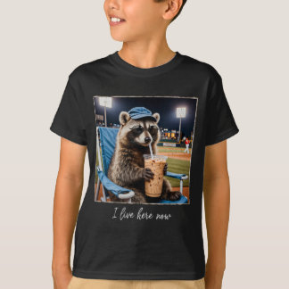 Funny Raccoon Baseball I Live Here Now T-Shirt