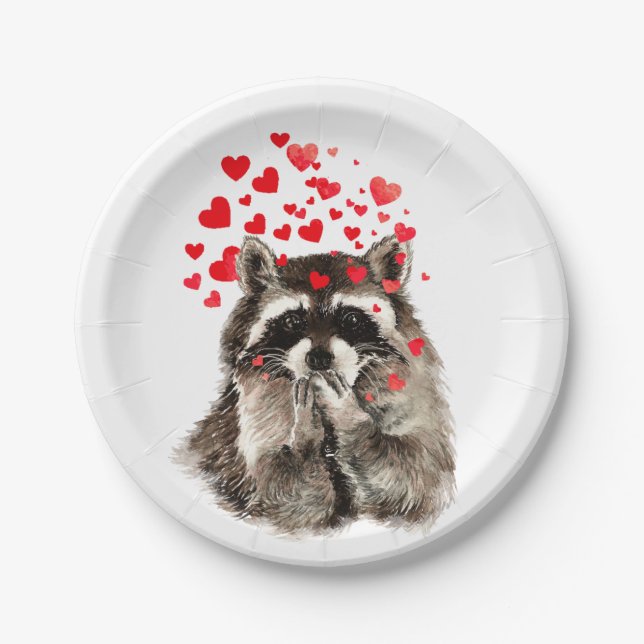 Funny Raccoon Blowing Kisses Love Hearts Paper Plates (Front)