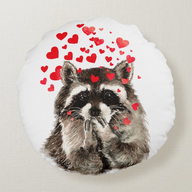 Funny Raccoon Blowing kisses & Love Hearts Round Pillow (Back)