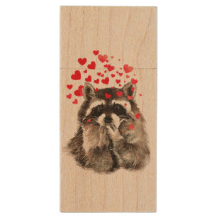 Funny Raccoon Blowing Kisses Love Hearts Wood USB Flash Drive