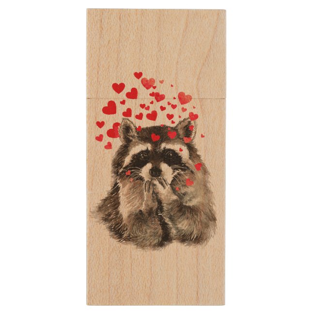 Funny Raccoon Blowing Kisses Love Hearts Wood USB Flash Drive (Back (Vertical))