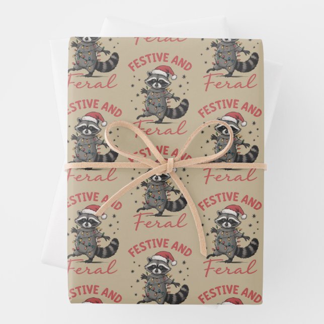 Funny Raccoon Christmas Feral Meme Xmas  Wrapping Paper Sheets (In situ)