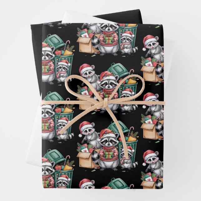 Funny Raccoon Christmas Opossum & Street Cats Wrapping Paper Sheets (In situ)