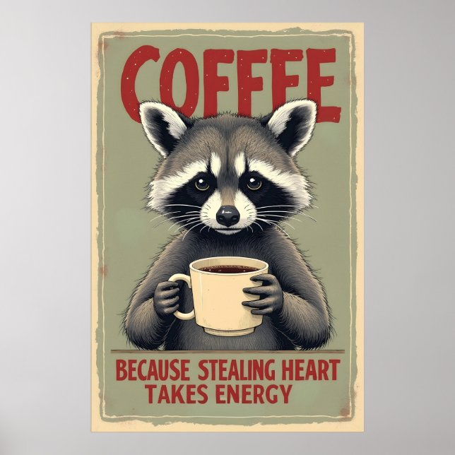 Funny Raccoon Coffee Art Poster (Front)