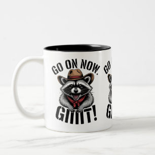 Funny Raccoon Cowboy Go On Now Git Country Western Two-Tone Coffee Mug