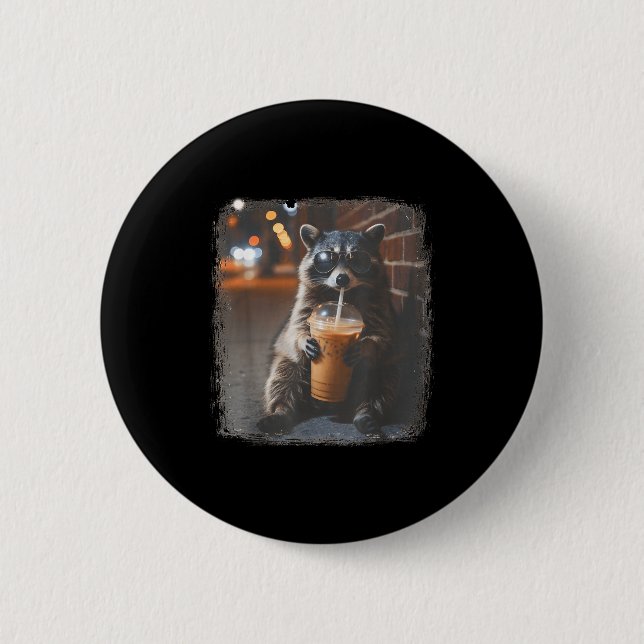 Funny raccoon drinking iced coffee animal meme men button (Front)