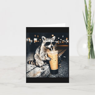 Funny raccoon drinking iced coffee card