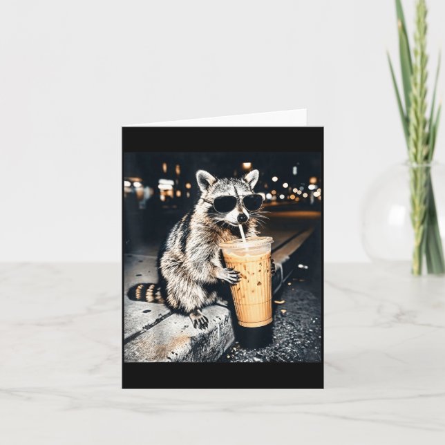Funny raccoon drinking iced coffee  card (Front)