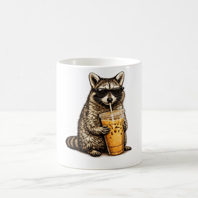 Funny Raccoon Drinking Iced Coffee — Retro Animal  Mug (Center)