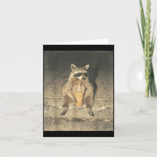 Funny raccoon drinking iced coffee unhinged meme card