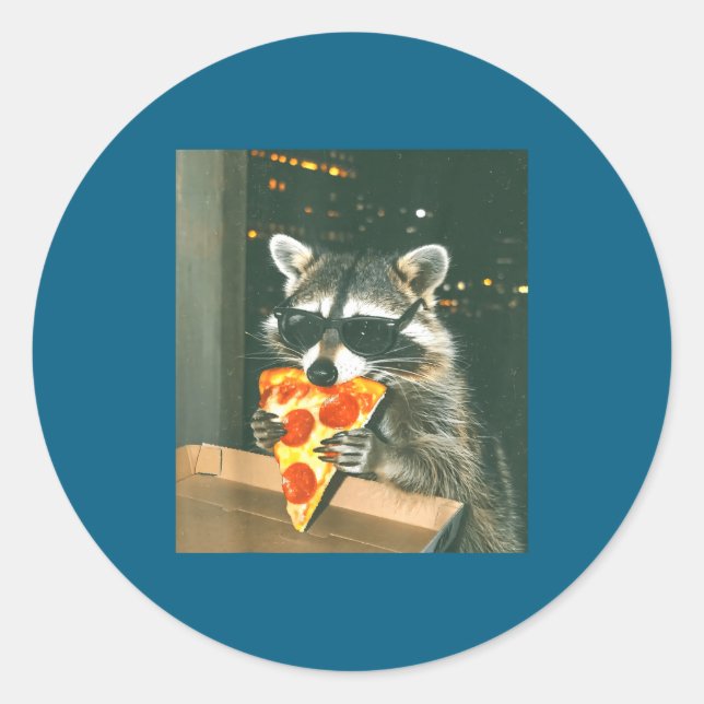 Funny Raccoon Eating Zza Animal Meme Men Women Kid Classic Round Sticker (Front)