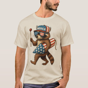 Funny Raccoon Fireworks American Flag Patriotic T-Shirt