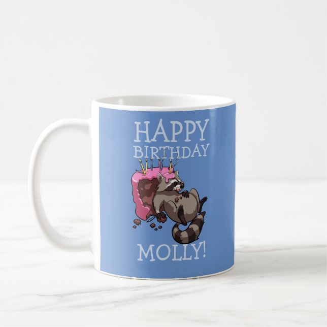 Funny Raccoon Happy Birthday Add The Name Cartoon Coffee Mug (Left)