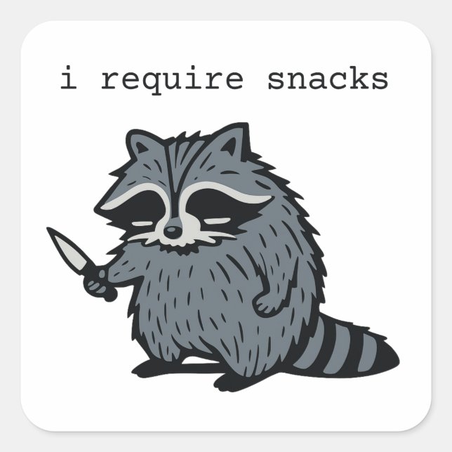 Funny Raccoon “I Require Snacks” Cartoon Design Square Sticker (Front)