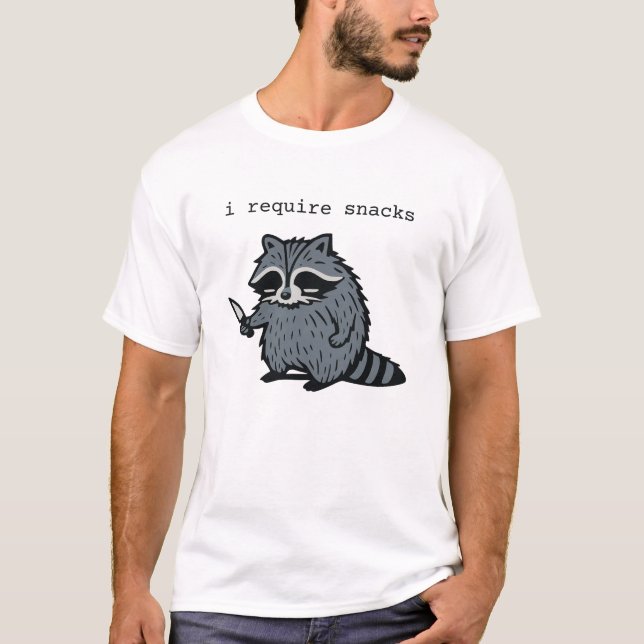 Funny Raccoon “I Require Snacks” Cartoon Design T-Shirt (Front)
