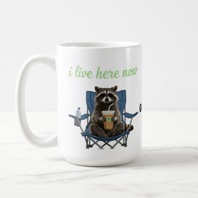 Funny Raccoon Iced Coffee I Live Here Now  Mug (Left)