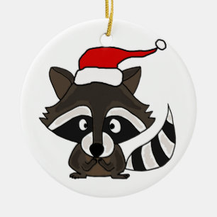 Funny Raccoon in Santa Hat Christmas Art Ceramic Ornament