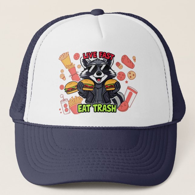 Funny Raccoon ‘Live Fast Eat Trash’ Trucker Hat (Front)