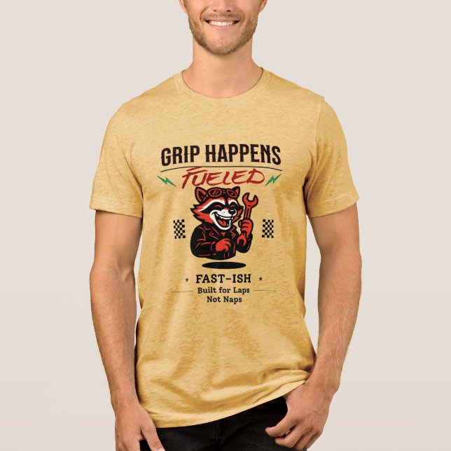 Funny Raccoon Mechanic Racing T-Shirt – Fast-ish Tri-Blend Shirt (Front)