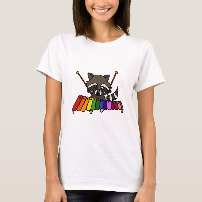 Funny Raccoon Playing Colorful Xylophone T-Shirt (Front)