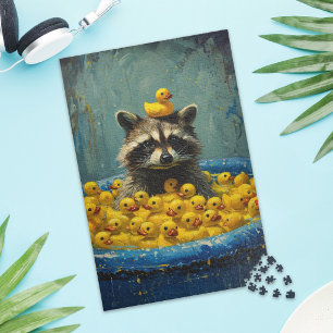 Funny Raccoon Rubber Duck Pool Jigsaw Puzzle