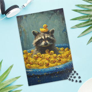 Funny Raccoon Rubber Duck Pool Jigsaw Puzzle