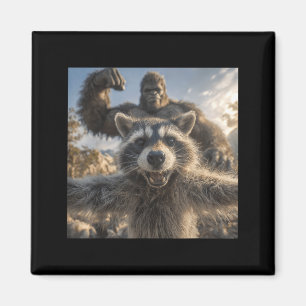 Funny Raccoon Selfie with Bigfoot Funny Sasquatch Magnet