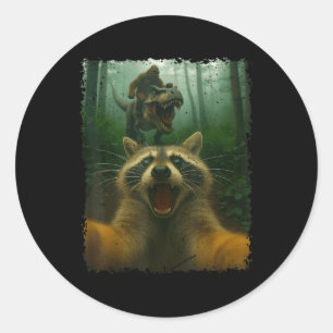 Funny Raccoon Selfie With T-rex Dinosaur And Bigfo Classic Round Sticker