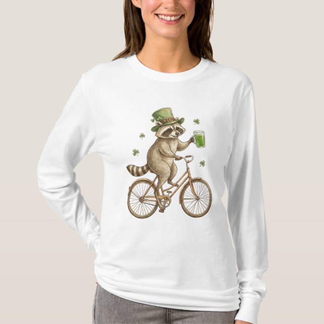 Funny Raccoon, St. Patrick's Day Irish Shamrock  T-Shirt (Front)