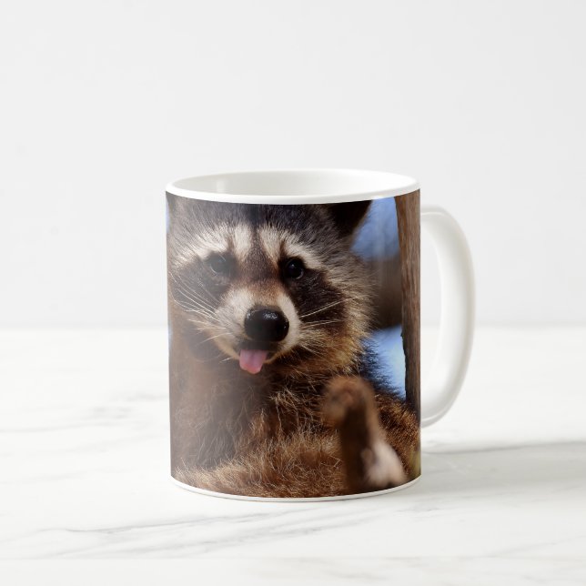 Funny Raccoon Sticking It's Tongue Out Coffee Mug (Front Right)