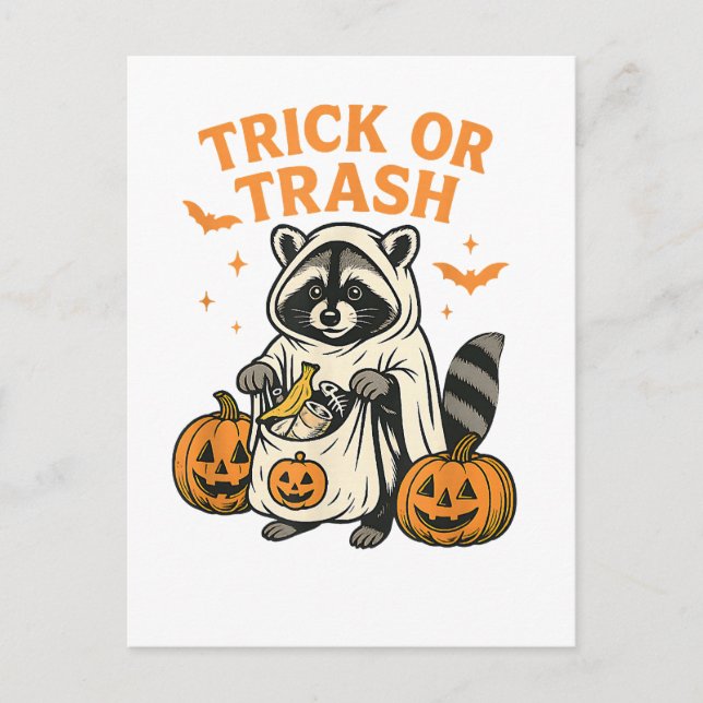 Funny Raccoon Trick or Trash Halloween Postcard (Front)