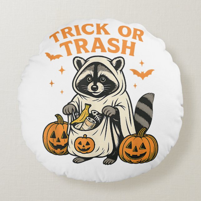 Funny Raccoon Trick or Trash Halloween Round Pillow (Front)