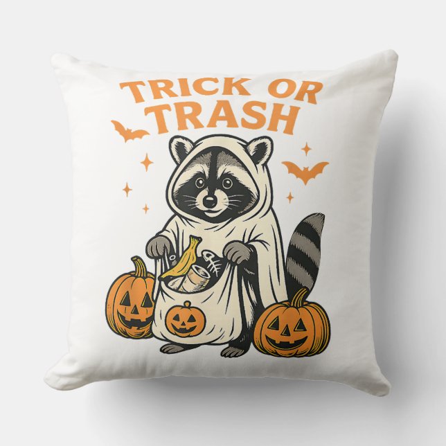 Funny Raccoon Trick or Trash Halloween Throw Pillow (Front)