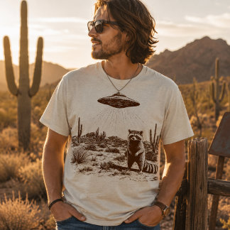 Funny Raccoon UFO Alien Abduction Desert T-Shirt