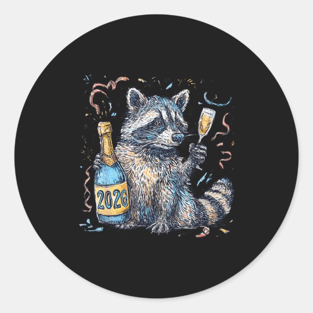 Funny Raccoon With Champagne Disco Ball New Years  Classic Round Sticker (Front)