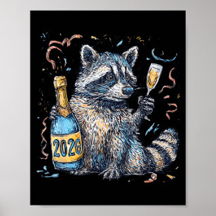 Funny Raccoon With Champagne Disco Ball New Years  Poster
