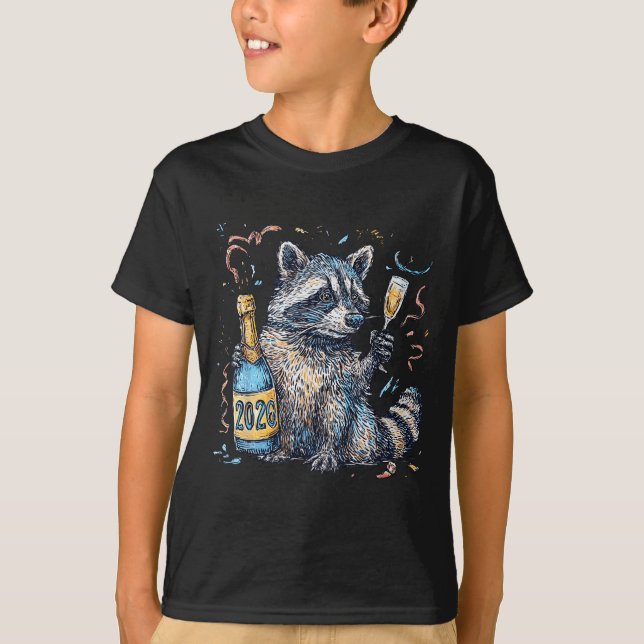Funny Raccoon With Champagne Disco Ball New Years  T-Shirt (Front)
