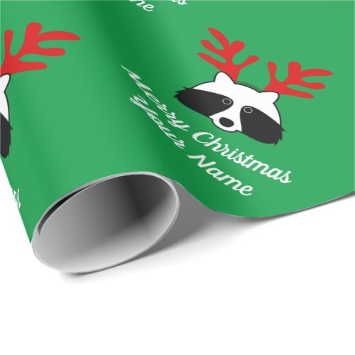 Funny raccoon with deer antlers Christmas Holiday Wrapping Paper