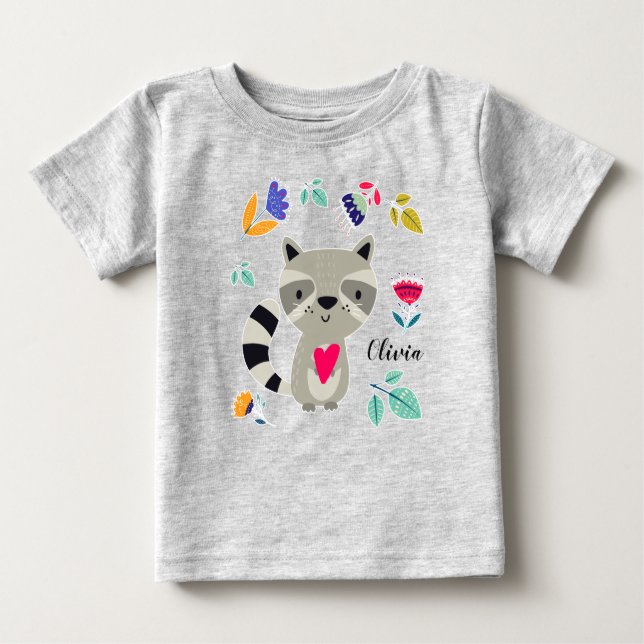 Funny Raccoon with Heart Custom Name Baby T-Shirt (Front)