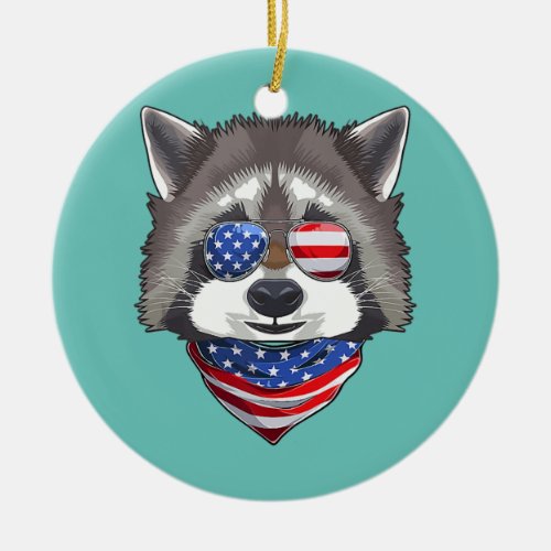 Funny Raccoon With USA Flag Sunglasses Headband Ceramic Ornament